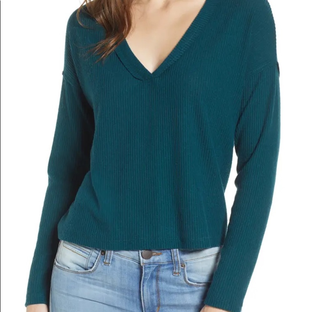 Project Social T Teal Long Sleeve Top V Neck Ribbed Loose Fit Size Small